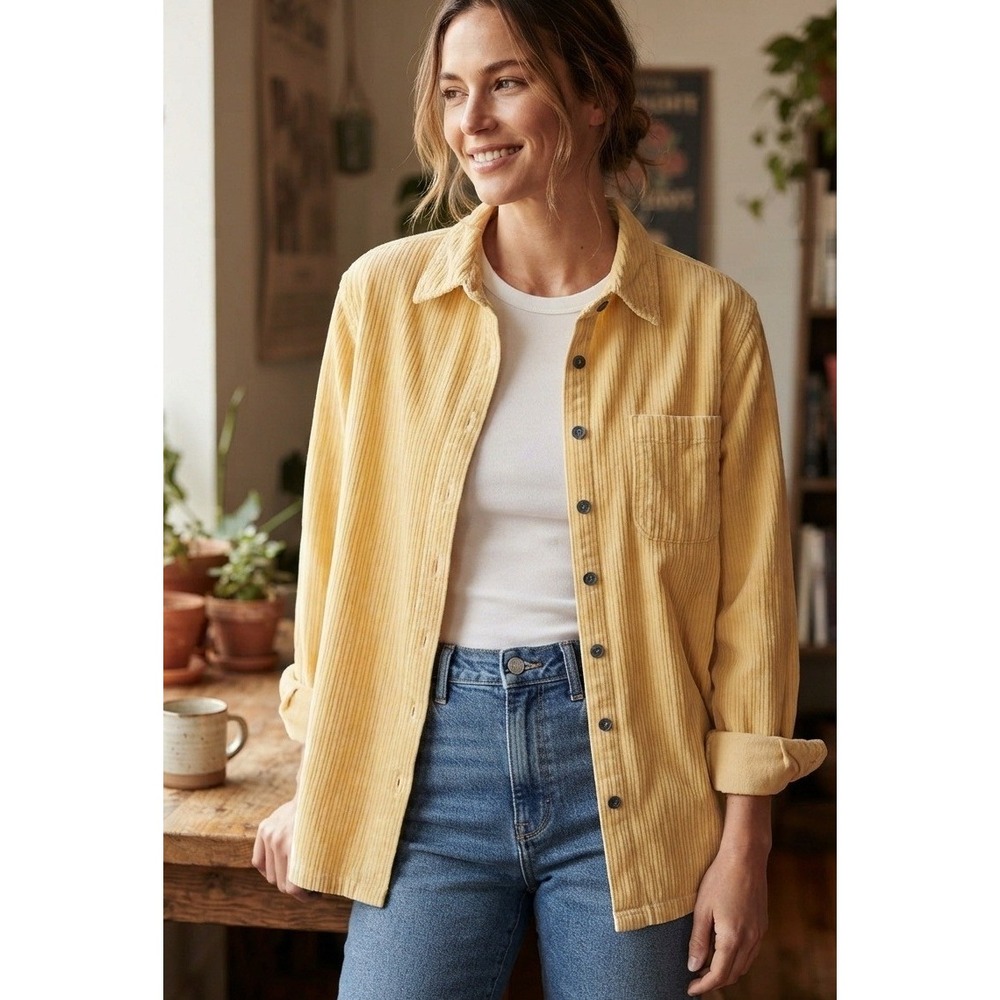 Bill Blass Button Down Long Sleeve Corduroy Shirt Women's L Yellow Cotton Casual